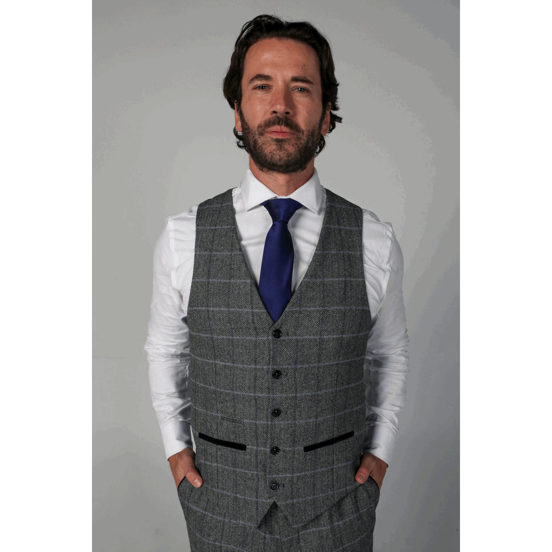 Costume gris en tweed à chevrons pour homme 3 pièces laine mélangée style chic habillé