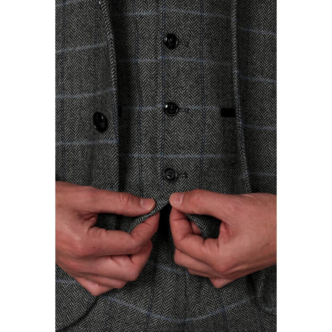 Herrenanzug Grau Tweed Fischgrät 3 Teilig Wolle Mischung Formal Dress Anzüge