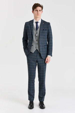 Costume en tweed « Harris Navy » avec gilet en tweed « Harris Grey »