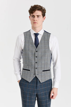 Costume en tweed « Harris Navy » avec gilet en tweed « Harris Grey »