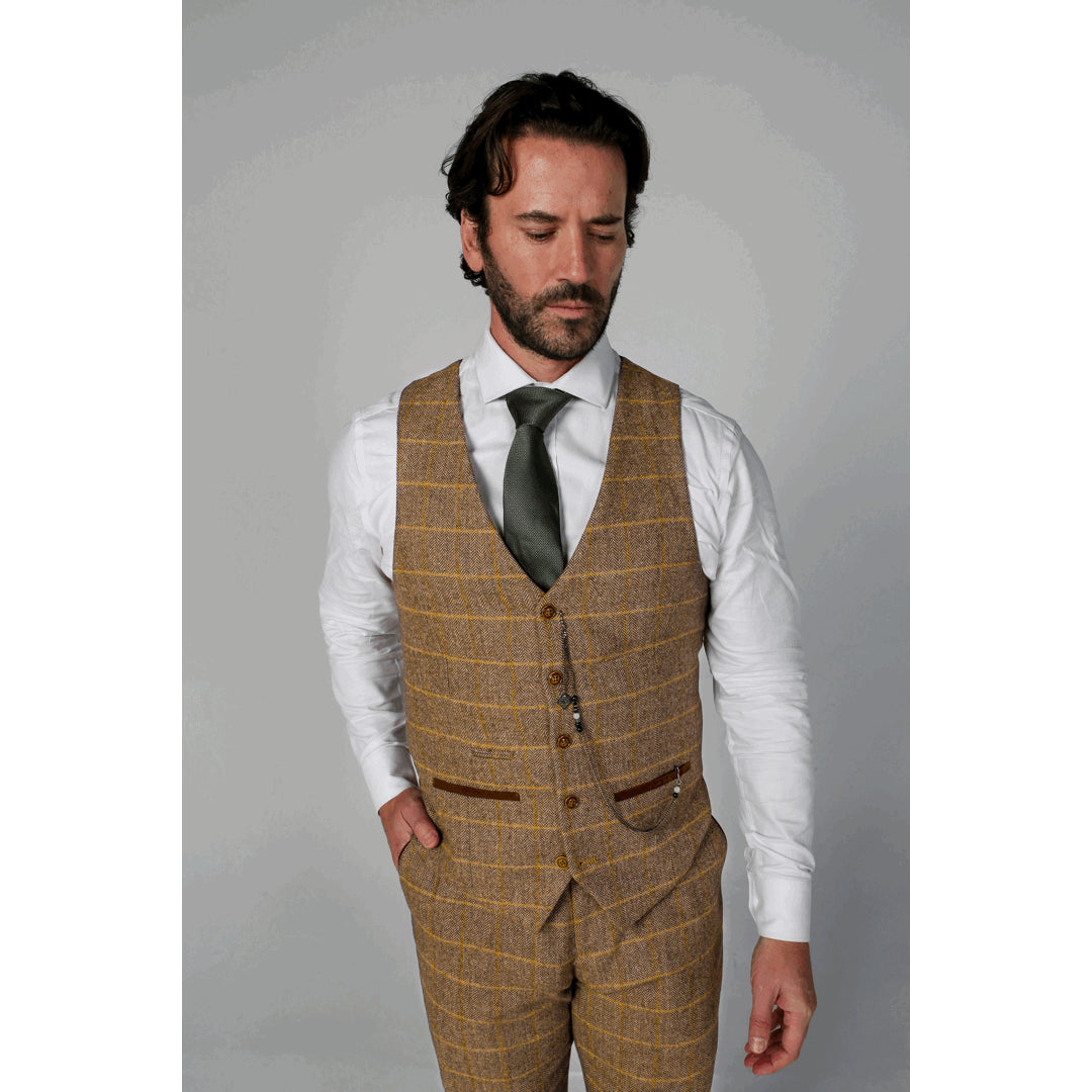 Costume marron en tweed à chevrons pour homme 3 pièces laine mélangée style chic habillé
