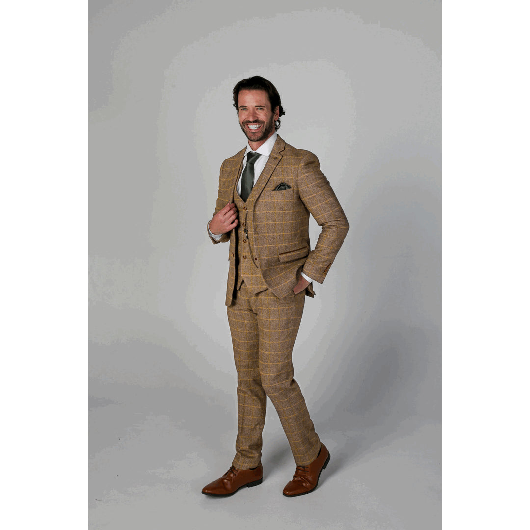 Costume marron en tweed à chevrons pour homme 3 pièces laine mélangée style chic habillé