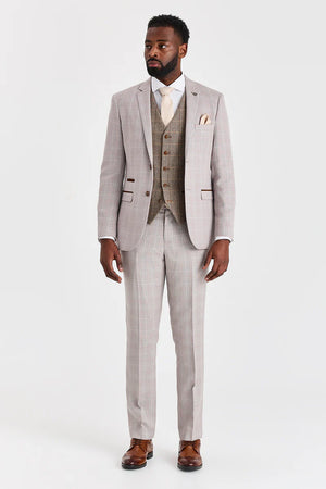 Costume « Leo » beige avec gilet en tweed « Harris » marron