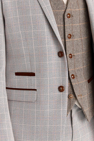 Costume « Leo » beige avec gilet en tweed « Harris » marron