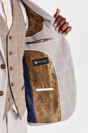 Costume « Leo » beige avec gilet en tweed « Harris » marron