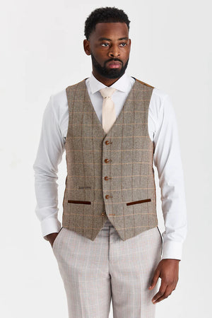 Costume « Leo » beige avec gilet en tweed « Harris » marron