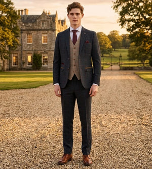Costume bleu marine « Madrid » avec gilet en tweed marron « Harris »
