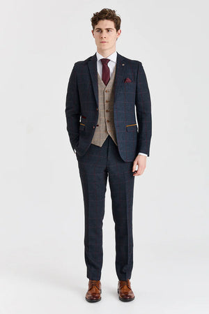 Costume bleu marine « Madrid » avec gilet en tweed marron « Harris »