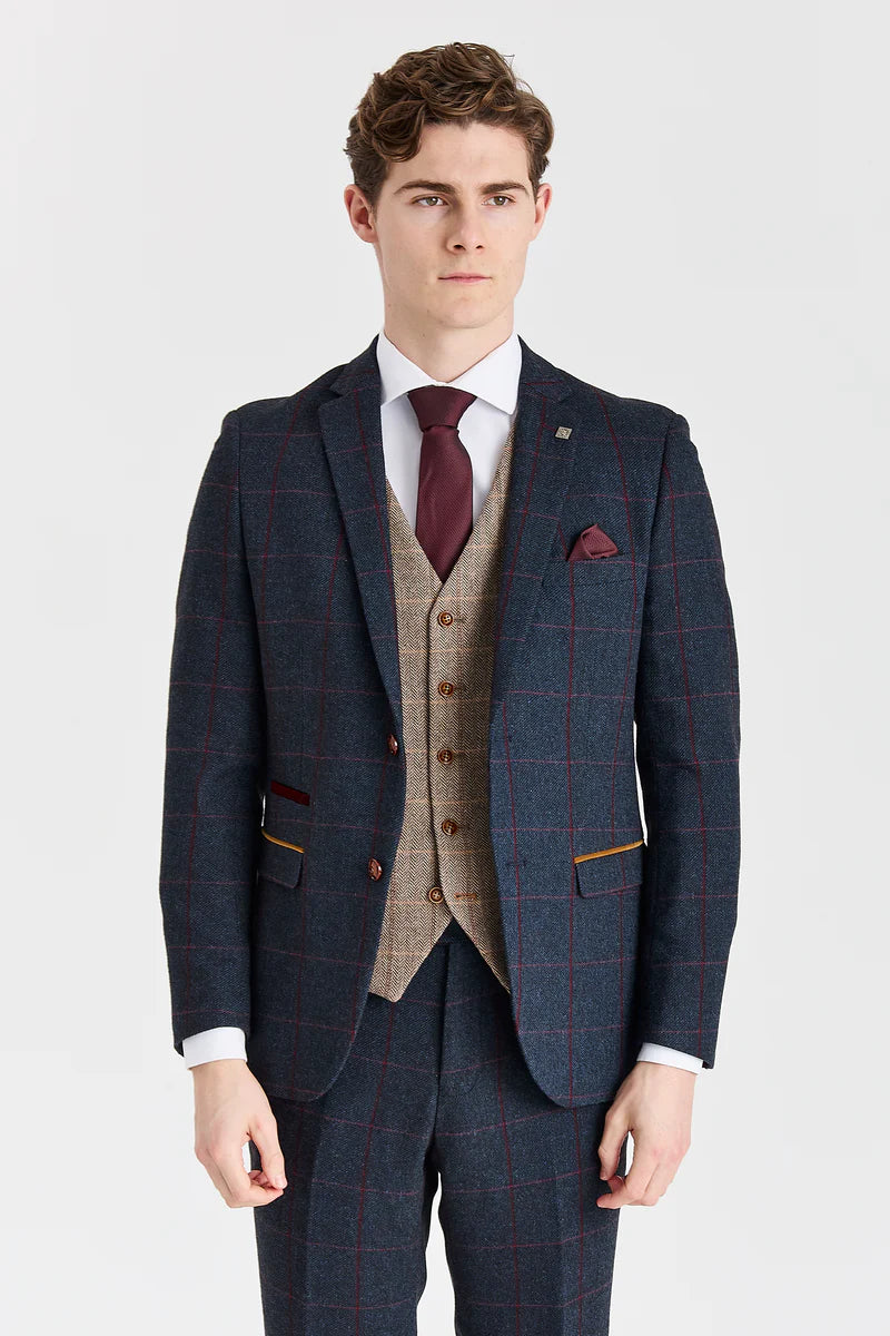 Costume bleu marine « Madrid » avec gilet en tweed marron « Harris »