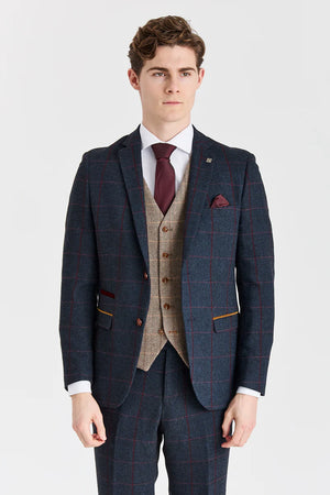 Costume bleu marine « Madrid » avec gilet en tweed marron « Harris »