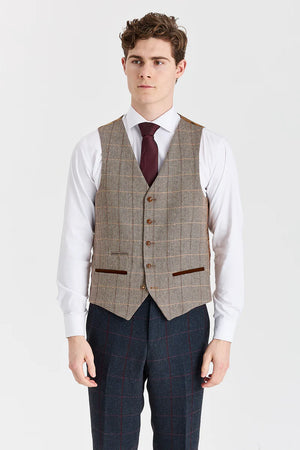 Costume bleu marine « Madrid » avec gilet en tweed marron « Harris »