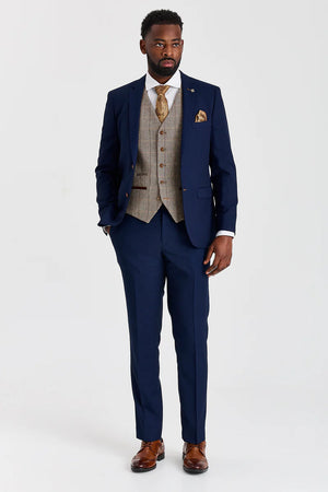 Costume texturé Mayfair bleu marine avec gilet en tweed Harris marron