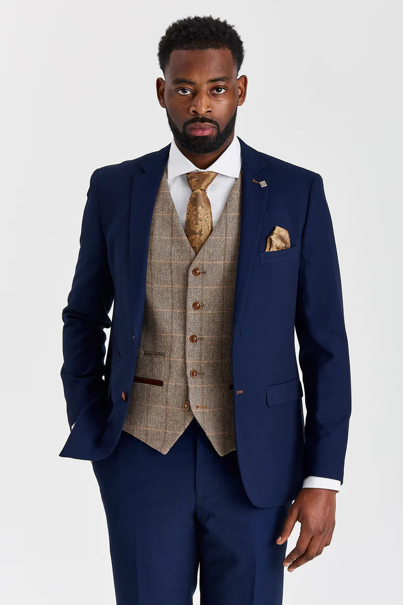 Costume texturé Mayfair bleu marine avec gilet en tweed Harris marron