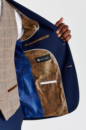 Costume texturé Mayfair bleu marine avec gilet en tweed Harris marron