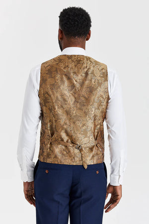 Costume texturé Mayfair bleu marine avec gilet en tweed Harris marron