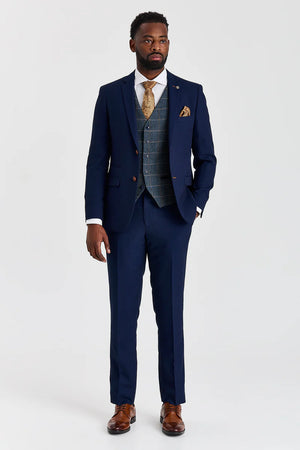 Costume texturé Mayfair bleu marine avec gilet en tweed bleu marine Harris