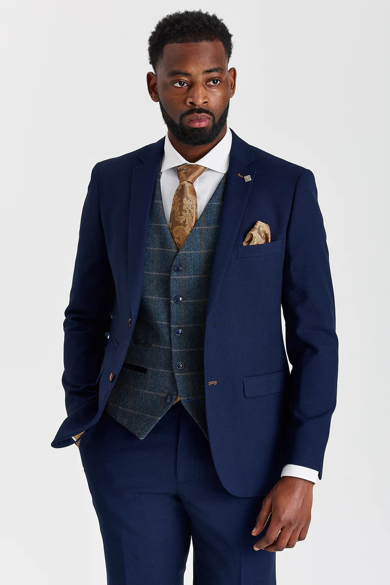 Costume texturé Mayfair bleu marine avec gilet en tweed bleu marine Harris