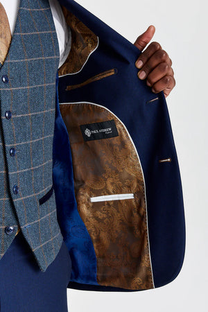 Costume texturé Mayfair bleu marine avec gilet en tweed bleu marine Harris