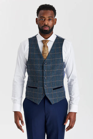 Costume texturé Mayfair bleu marine avec gilet en tweed bleu marine Harris