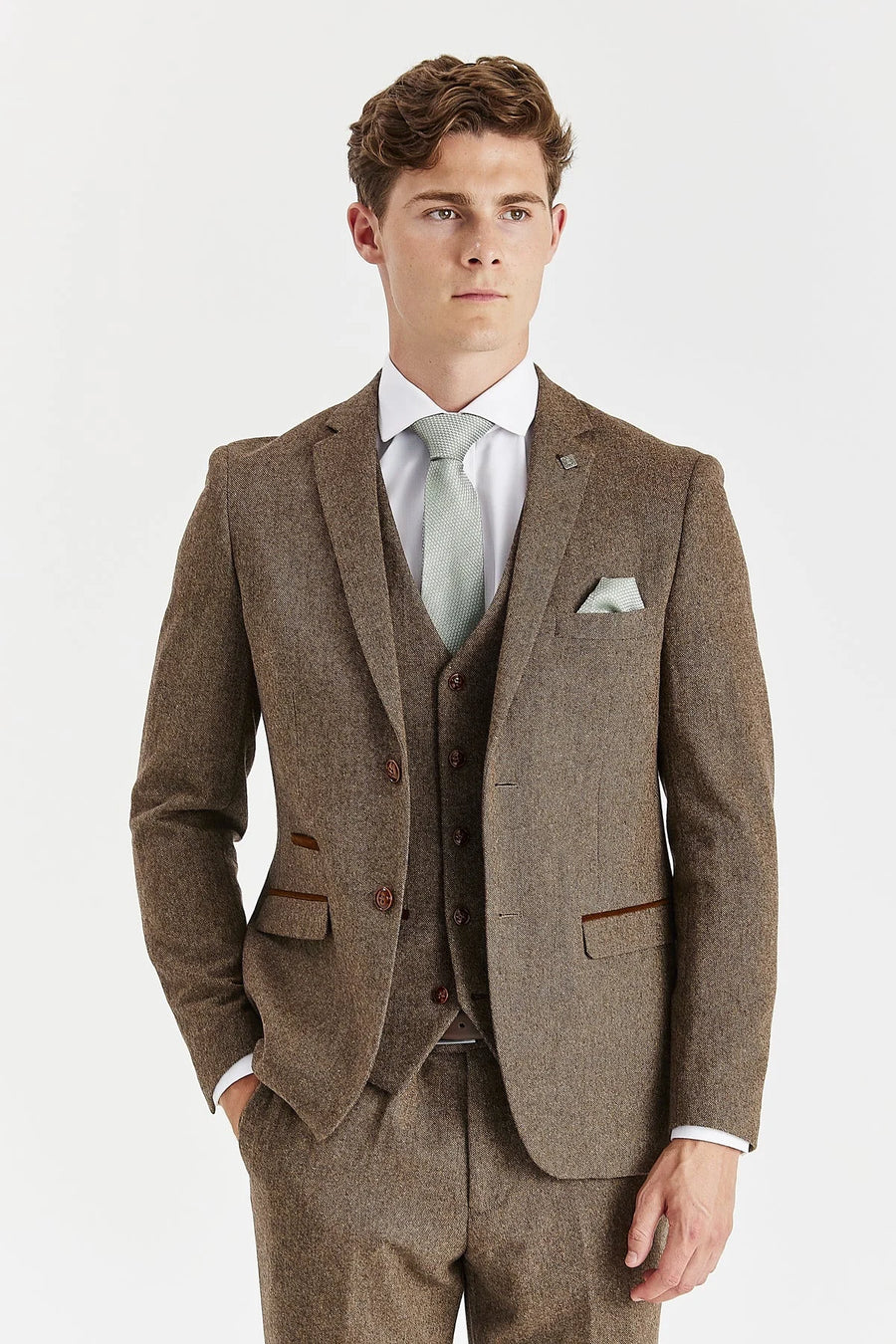 Oscar - Men's 3 Piece Brown Wool Blend Tweed Suit-TruClothing