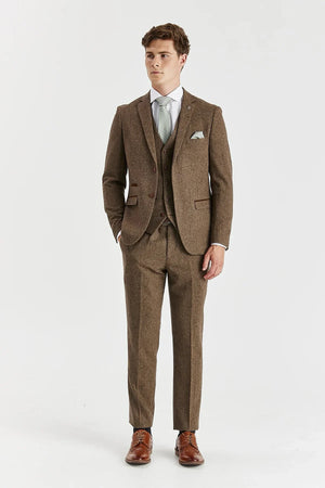 Oscar - Men's 3 Piece Brown Wool Blend Tweed Suit-TruClothing