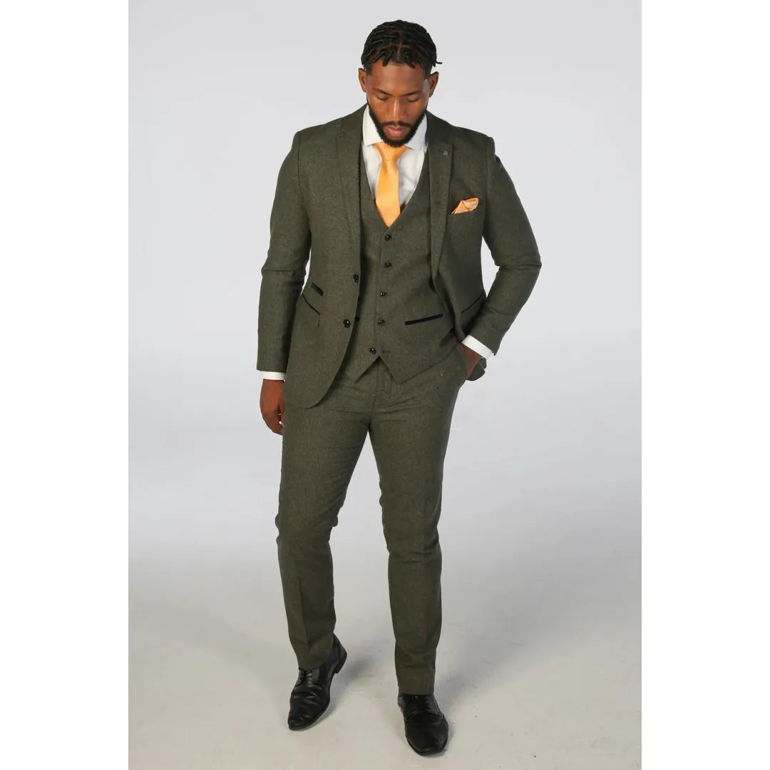 Paul Andrew Oscar Men s 3 Piece Olive Green Tweed Suit TruClothing