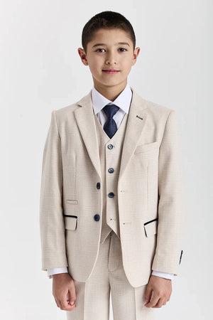Regent - Boys Cream 3 Piece Prince Of Wales Checked Suit-TruClothing