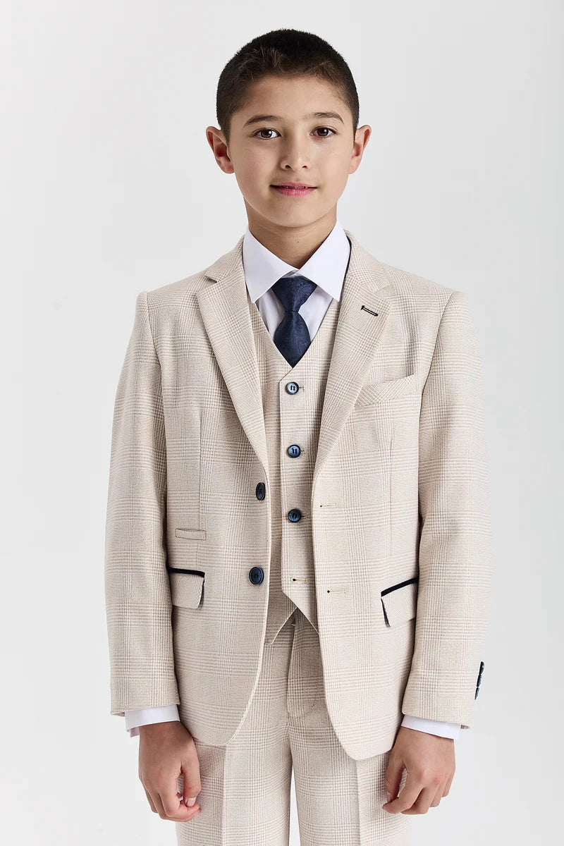 Regent - Boys Cream 3 Piece Prince Of Wales Checked Suit-TruClothing