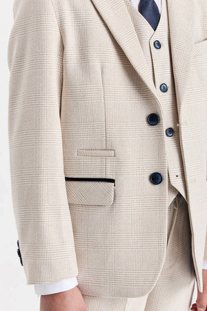 Regent - Boys Cream 3 Piece Prince Of Wales Checked Suit-TruClothing