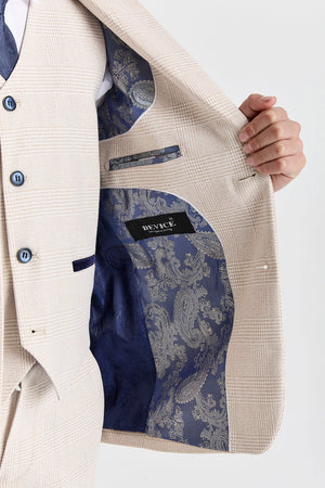 Regent - Boys Cream 3 Piece Prince Of Wales Checked Suit-TruClothing