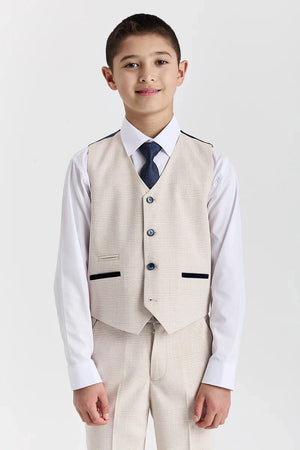 Regent - Boys Cream 3 Piece Prince Of Wales Checked Suit-TruClothing