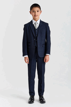 Regent - Boys Navy Blue 3 Piece Prince Of Wales Checked Suit-TruClothing