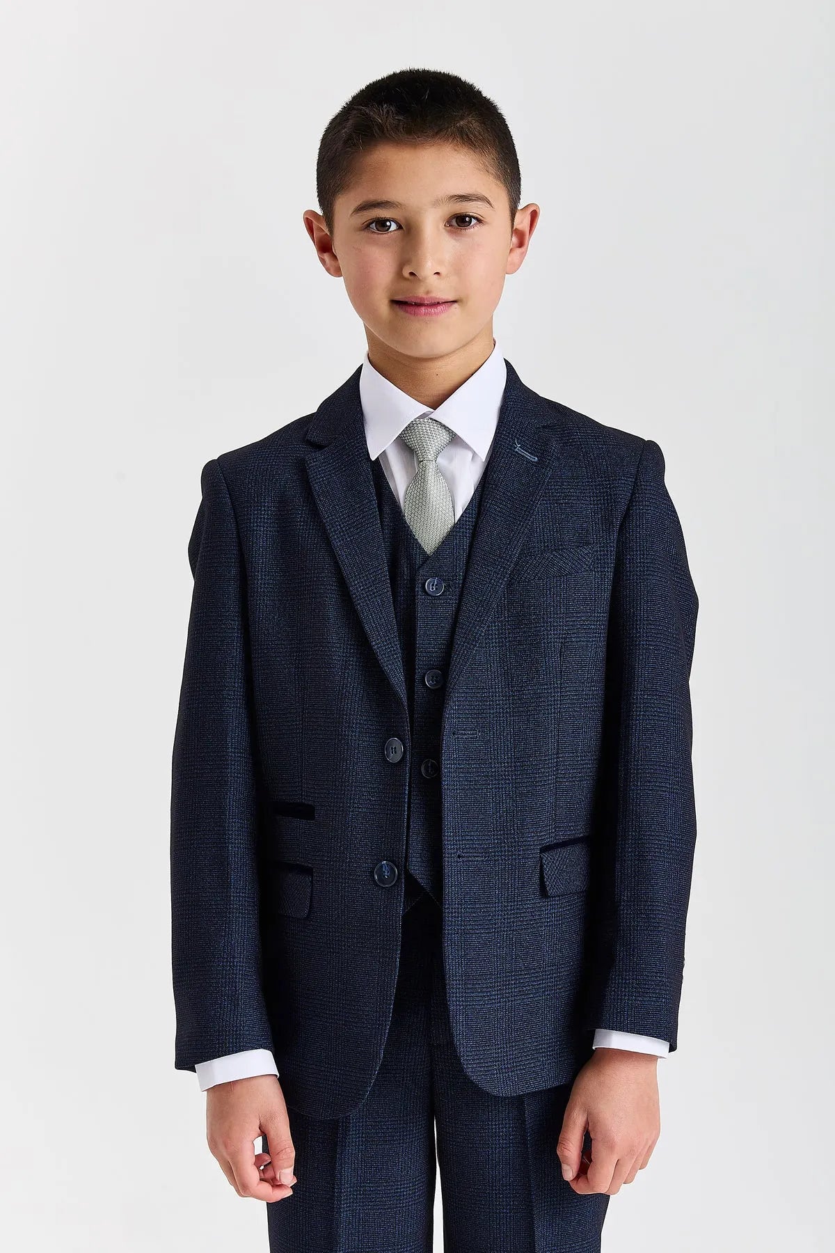 Regent - Boys Navy Blue 3 Piece Prince Of Wales Checked Suit-TruClothing