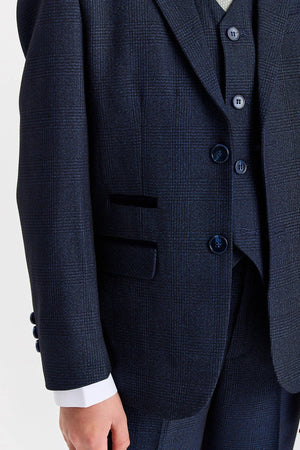 Regent - Boys Navy Blue 3 Piece Prince Of Wales Checked Suit-TruClothing
