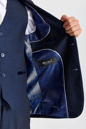 Regent - Boys Navy Blue 3 Piece Prince Of Wales Checked Suit-TruClothing