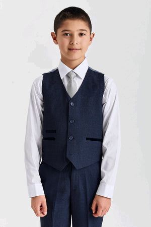 Regent - Boys Navy Blue 3 Piece Prince Of Wales Checked Suit-TruClothing