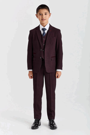 Regent - Boys Burgundy 3 Piece Prince Of Wales Checked Suit-TruClothing