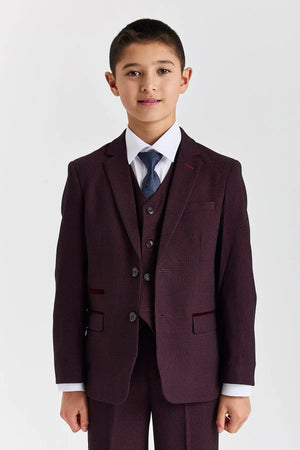 Regent - Boys Burgundy 3 Piece Prince Of Wales Checked Suit-TruClothing