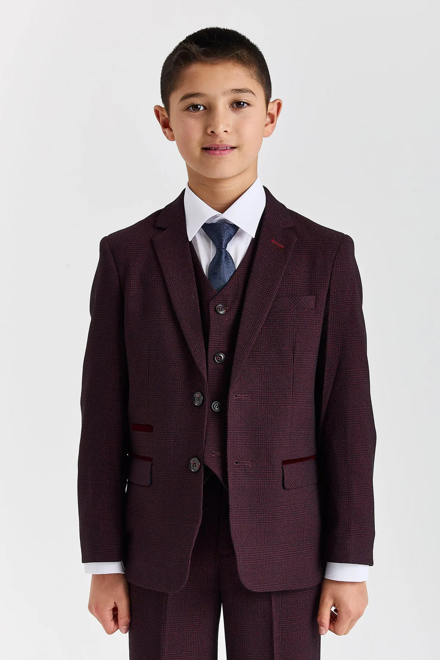 Regent - Boys Burgundy 3 Piece Prince Of Wales Checked Suit-TruClothing