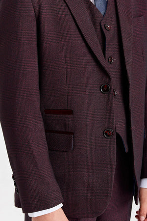 Regent - Boys Burgundy 3 Piece Prince Of Wales Checked Suit-TruClothing