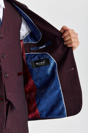 Regent - Boys Burgundy 3 Piece Prince Of Wales Checked Suit-TruClothing