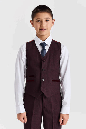Regent - Boys Burgundy 3 Piece Prince Of Wales Checked Suit-TruClothing