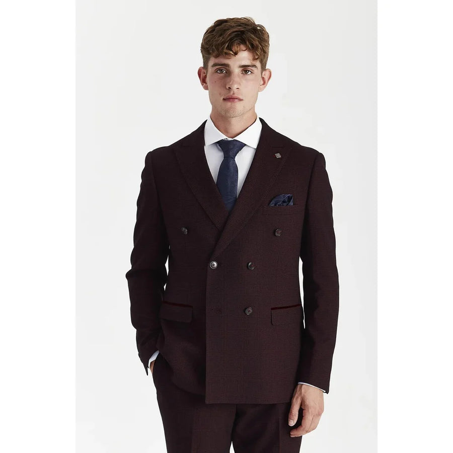 Regent - Men's Brugundy Checked Double Breasted Blazer-TruClothing