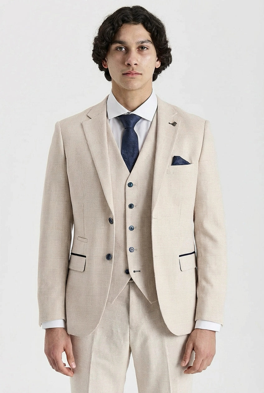 Regent - Men's Cream 3 Piece Checked Tailored Fit Suit-TruClothing