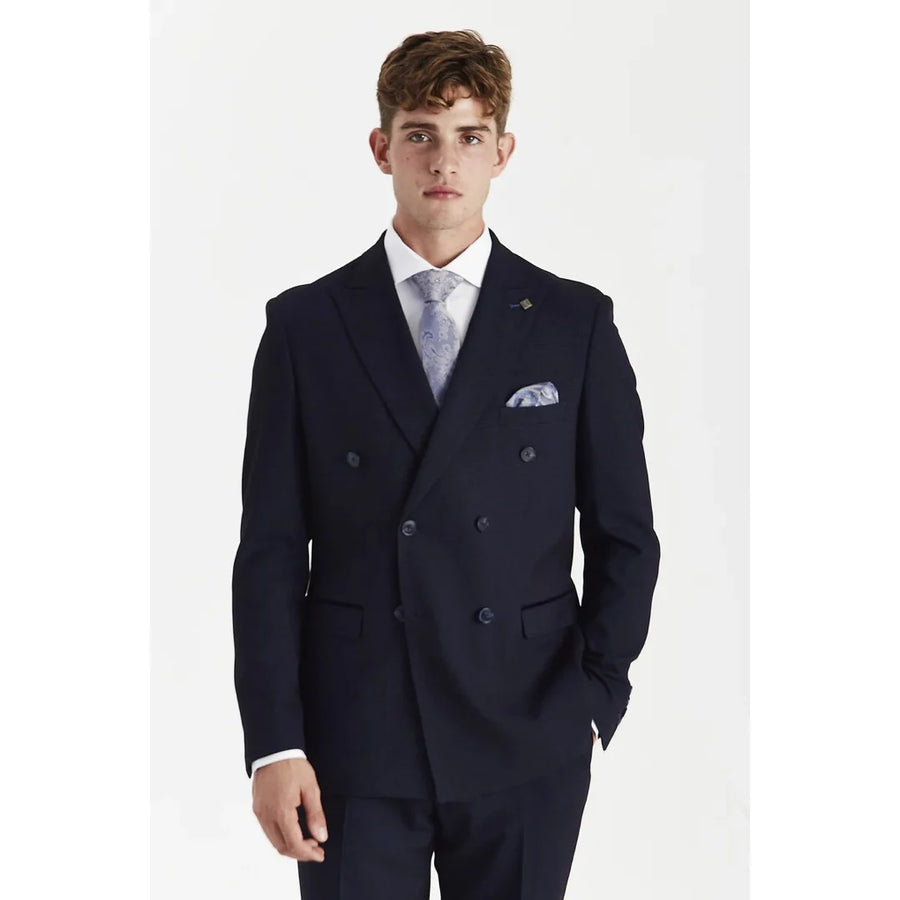 Regent - Men's Navy Checked Double Breasted Blazer-TruClothing