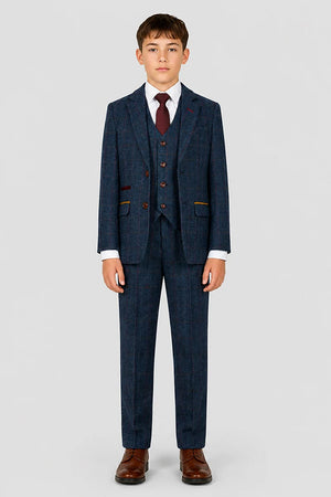 Scott - Boys Navy Herringbone Tweed Check 3 Piece Suit