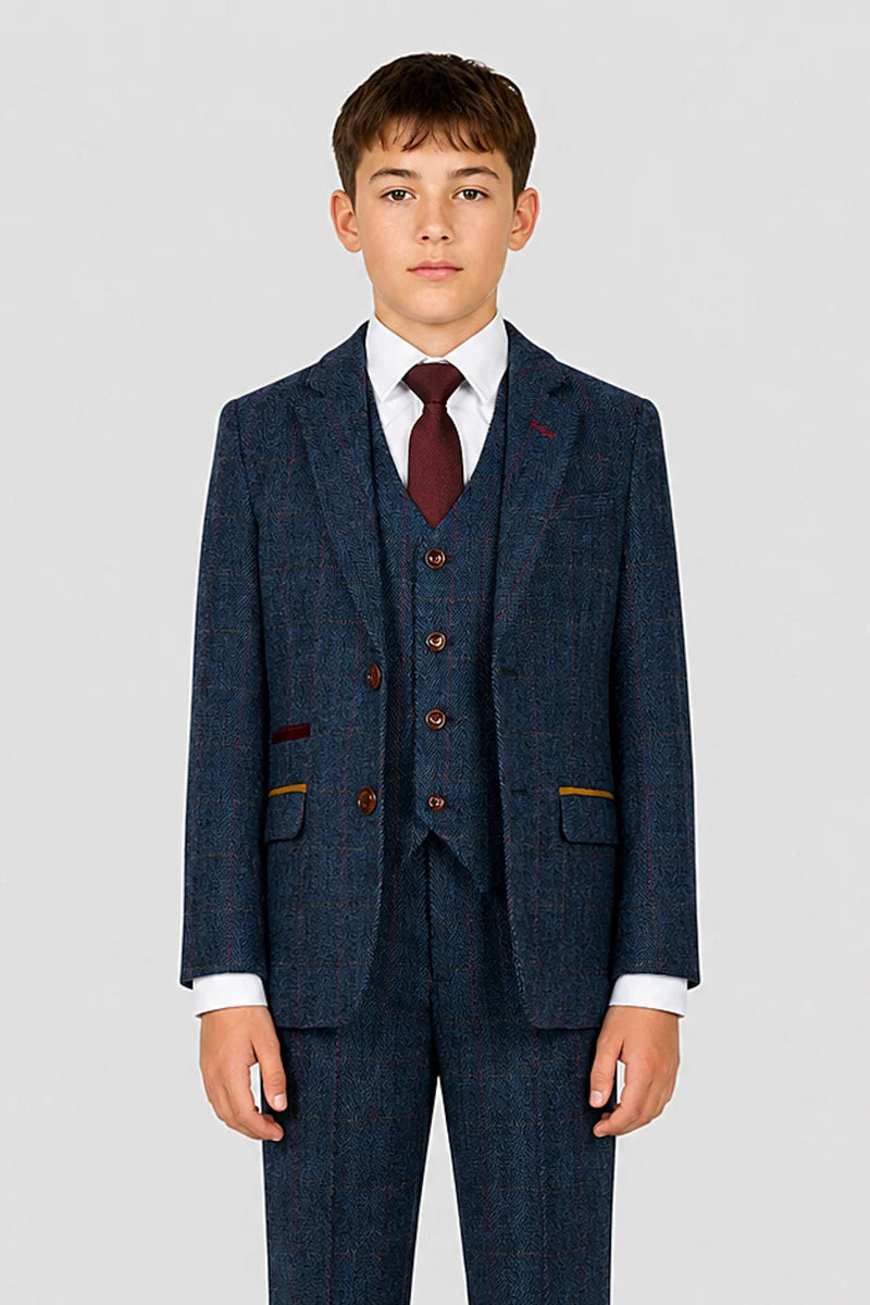 Scott - Boys Navy Herringbone Tweed Check 3 Piece Suit