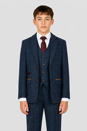 Scott - Boys Navy Herringbone Tweed Check 3 Piece Suit
