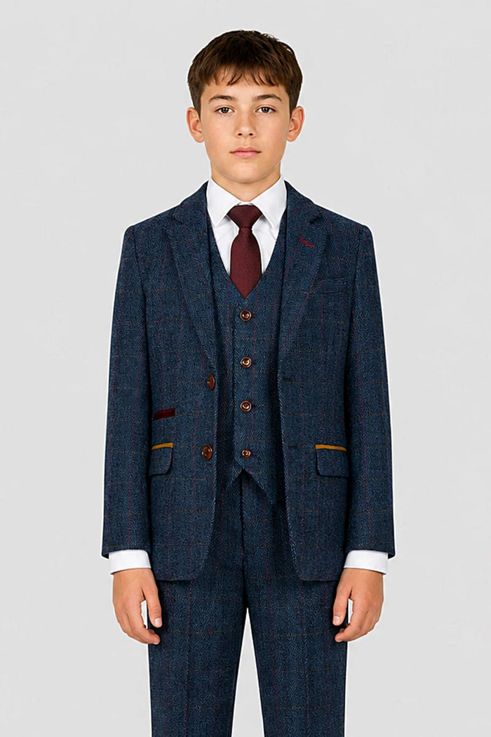 Scott - Boys Navy Herringbone Tweed Check 3 Piece Suit