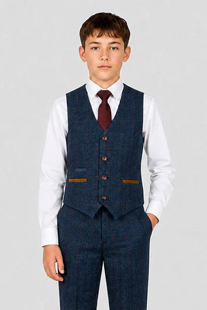 Scott - Boys Navy Herringbone Tweed Check 3 Piece Suit